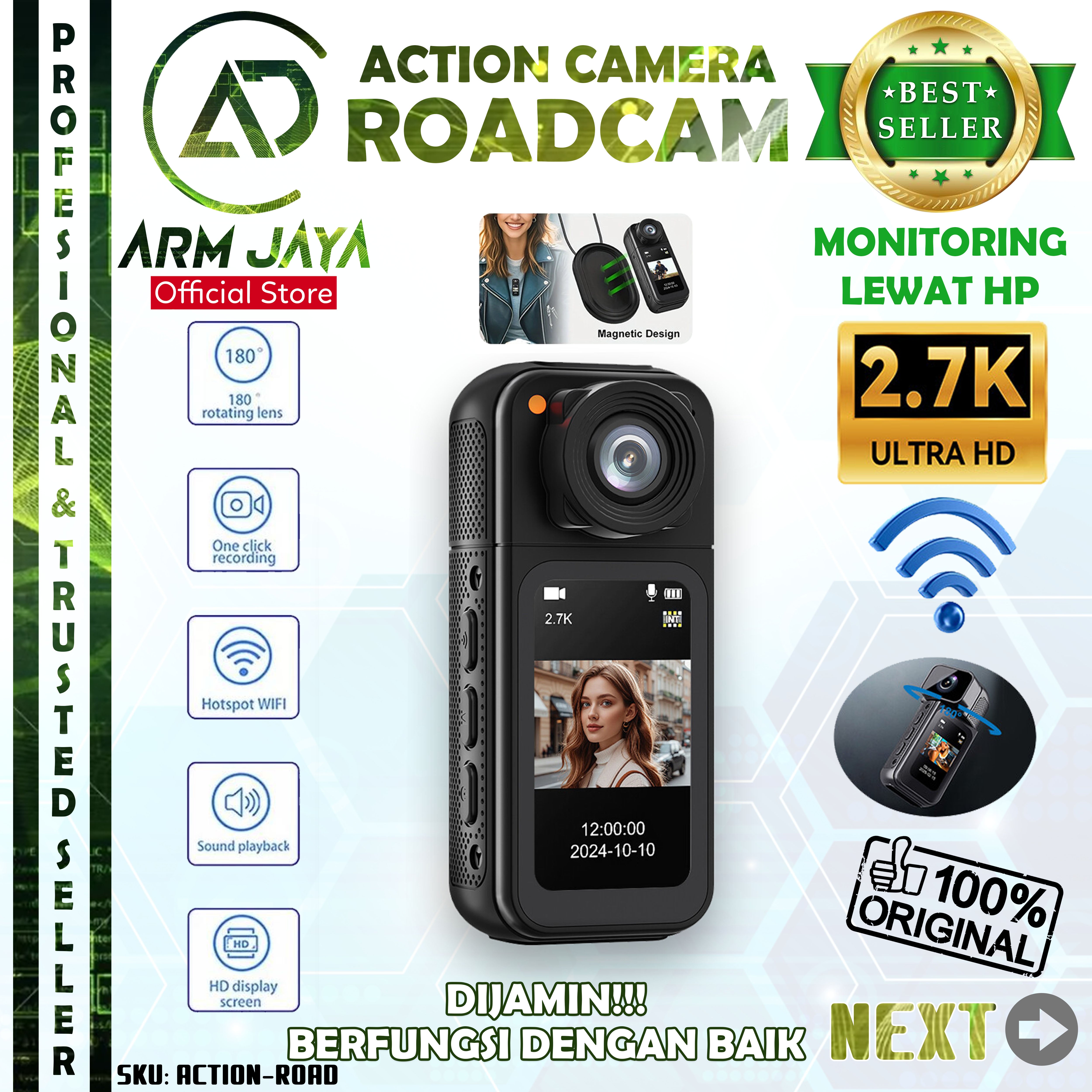 ArmJaya Mini Action Kamera WiFi 2.7K UHD 12MP dengan Lensa 180° Rotasi Camera Roadcam Magnetik Ideal untuk Vlog Outdoor ACTION-ROAD