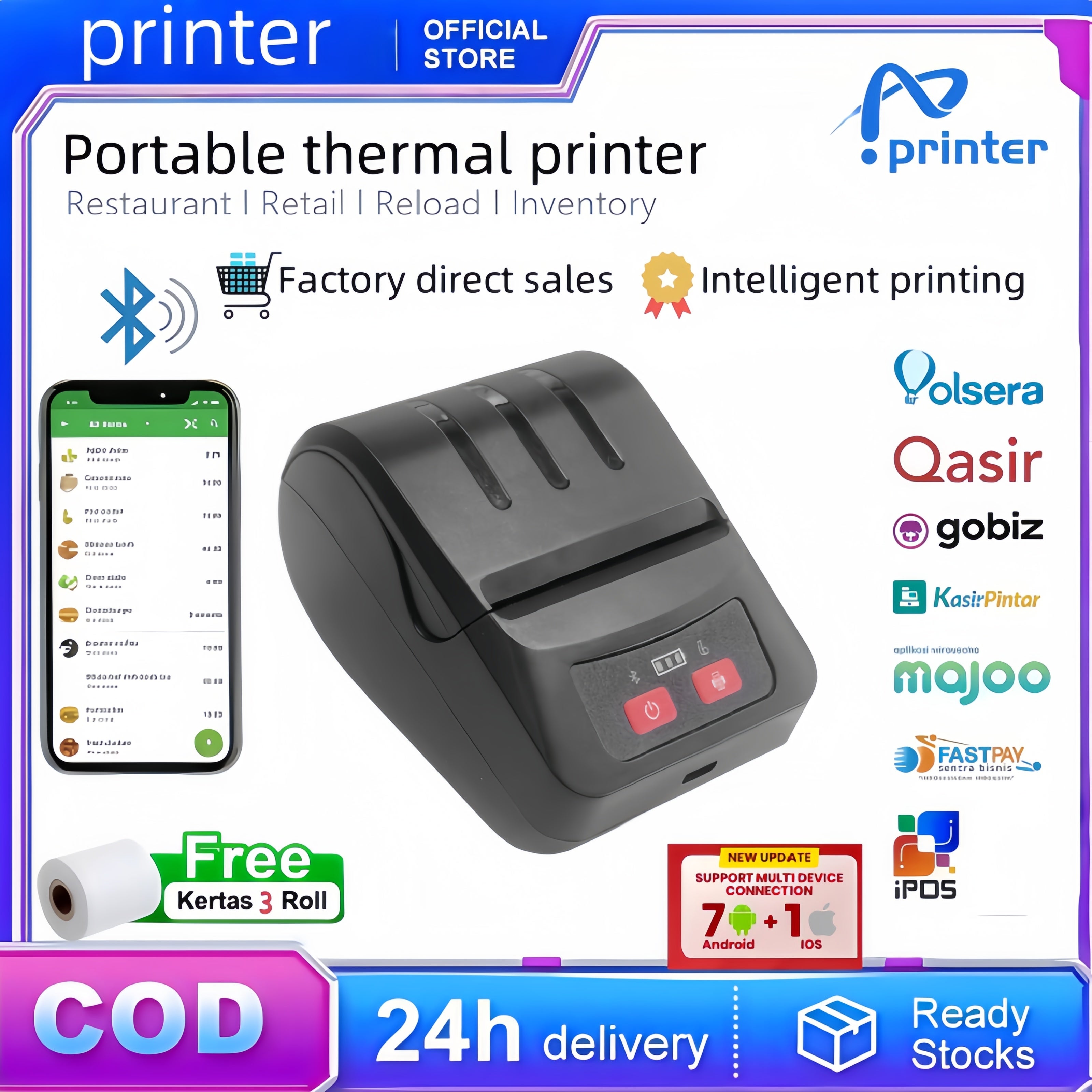 printer thermal portable Printer mesin printer mini bluetooth hp mesin print struk 2in1 printer 58mm | Cetak Struk/Barcode/Stiker+ Gratis 3 Roll