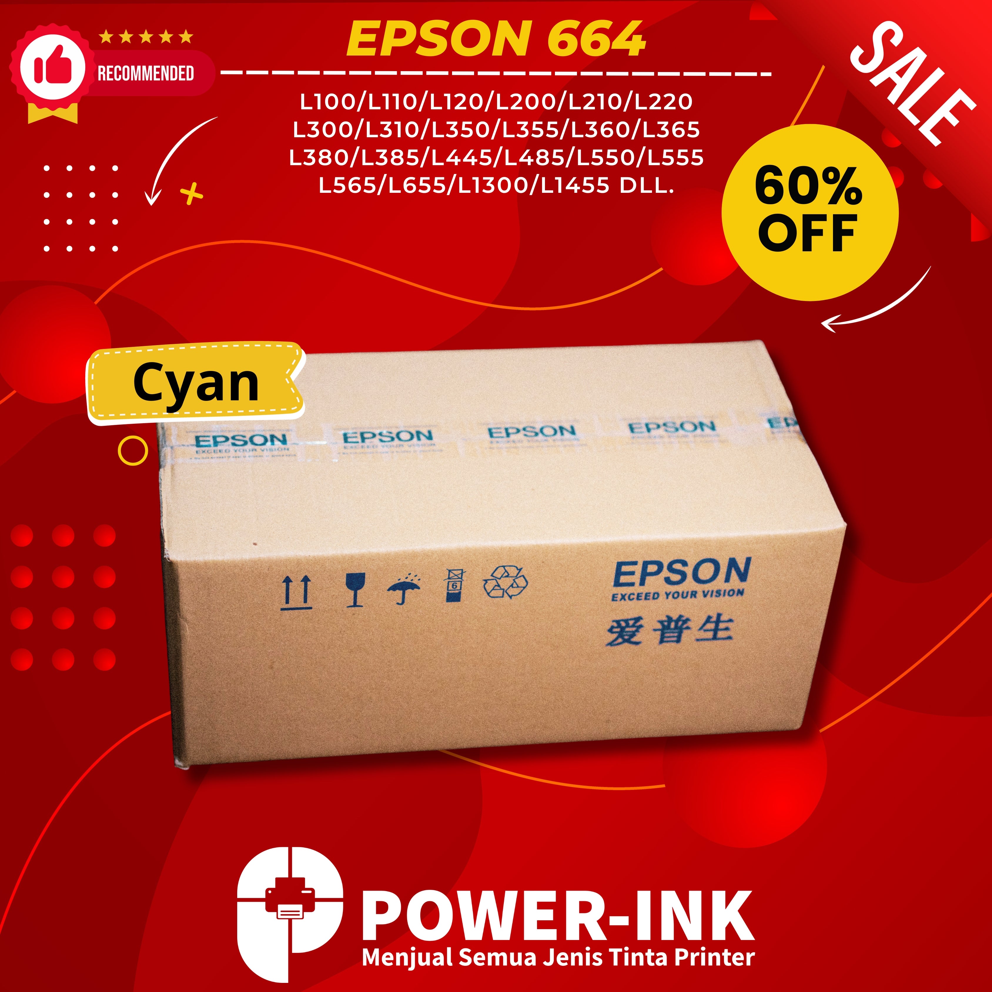 TINTA EPSON 664 PREMIUM 60 Pcs (1Box) UNTUK PRINTER SERIES L100/L110/L120/L200/L210/L220 L300/L310/L350/L355/L360/L365 L380/L385/L445/L485/L550/L555 L565/L655/L1300/L1455
