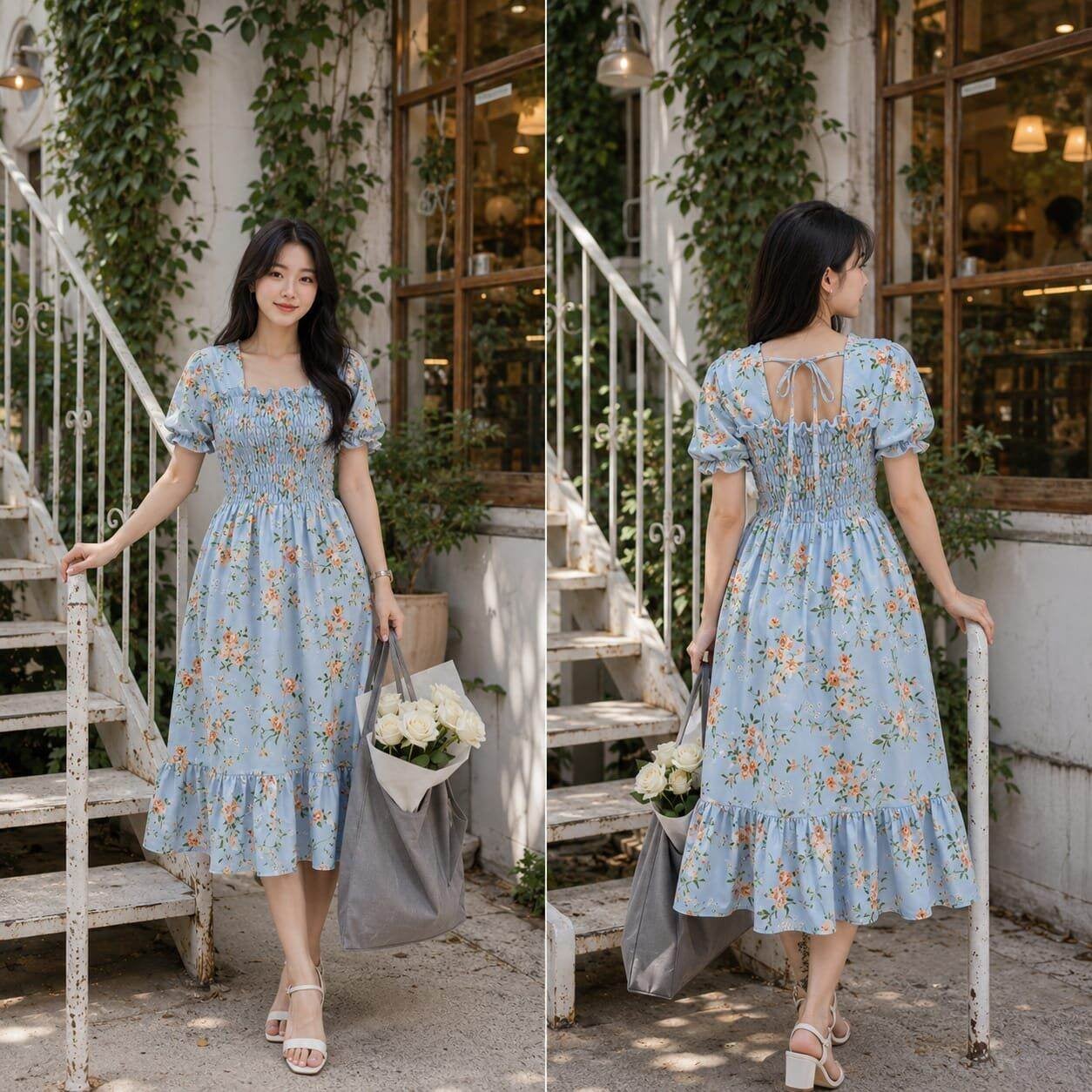 DRESS (SMOCKED) BELAKANG TALI IKAT TANGAN ADA KERUT BEST SELLER