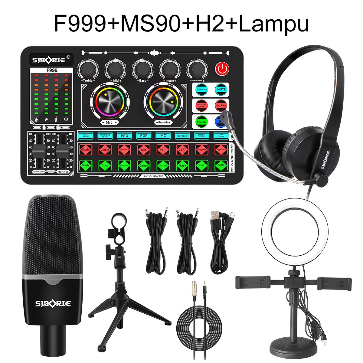 Siborie Soundcard F999+MS90 Mic+H2 Headphone+Lampu Set Paket Lengkap Full Mixer Bluetooth Sound Card Audio USB Externa