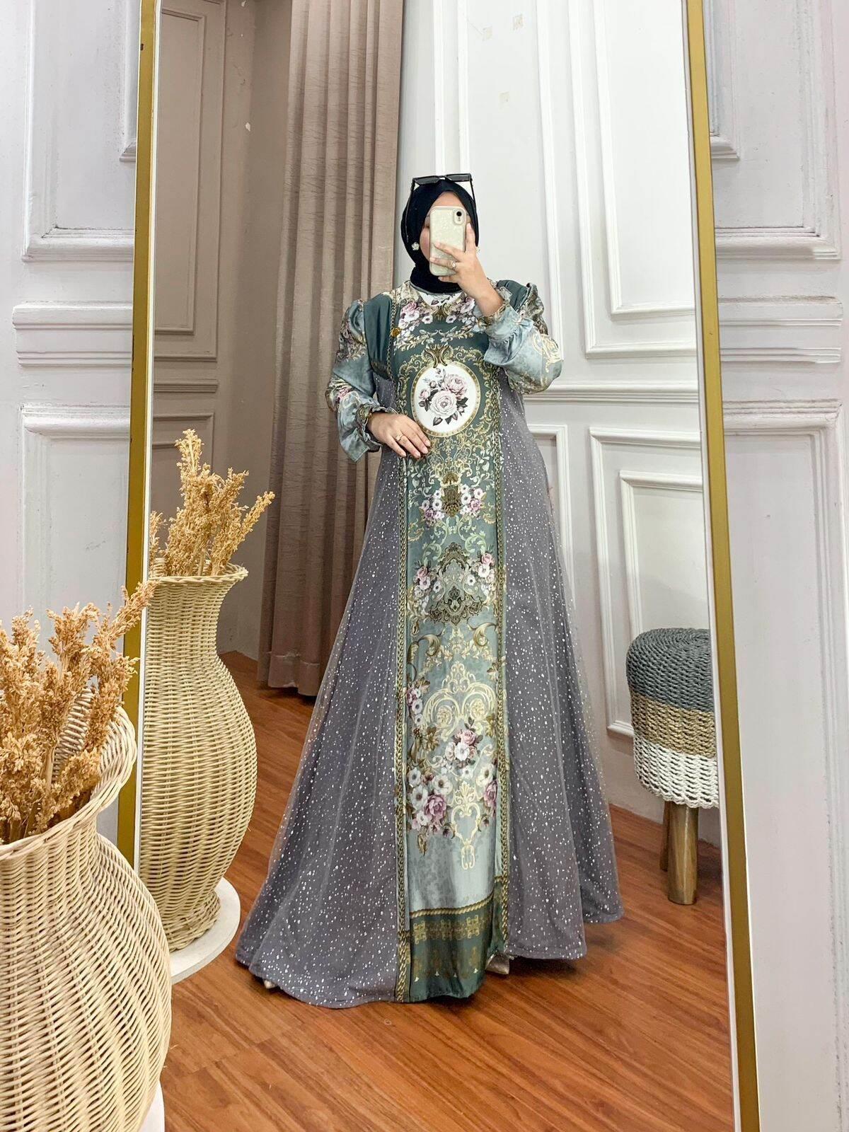 Gamis Salma Armani silk motif Sultan Dress Terbaru Gamis Elegant