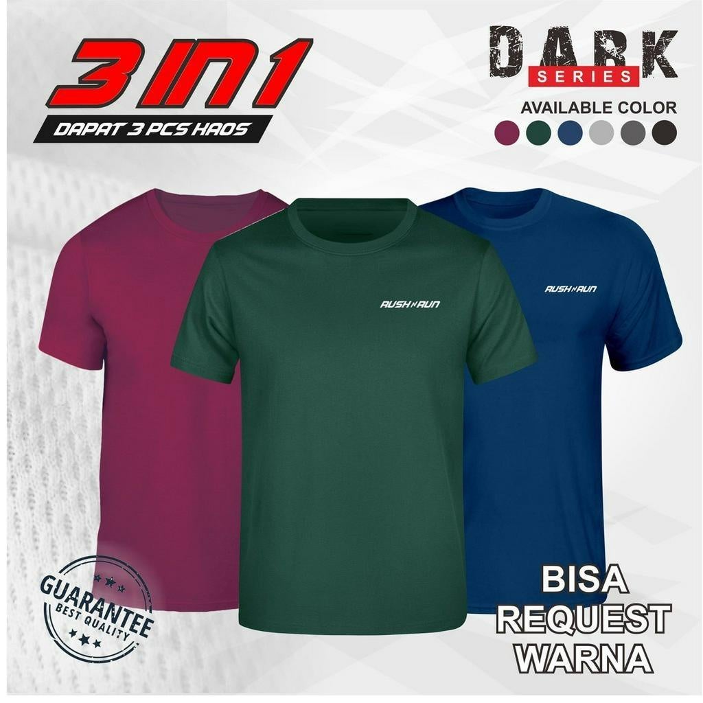 Rush N Run 3 Kaos Olahraga Pria Bahan Dry Fit Lengan Pendek Pakaian Sport Nyaman Menyerap Keringat