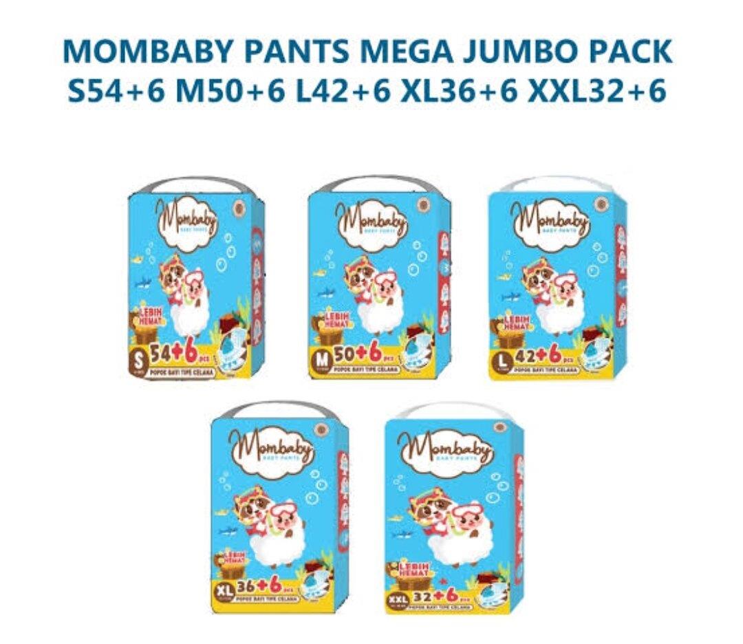 MOMBABY MEGA PACK diapers popok bayi sekali pakai promo murah diskon || s54+6 || m 50+6 || l 42+6 || xl 36+6 || xxl 32+6