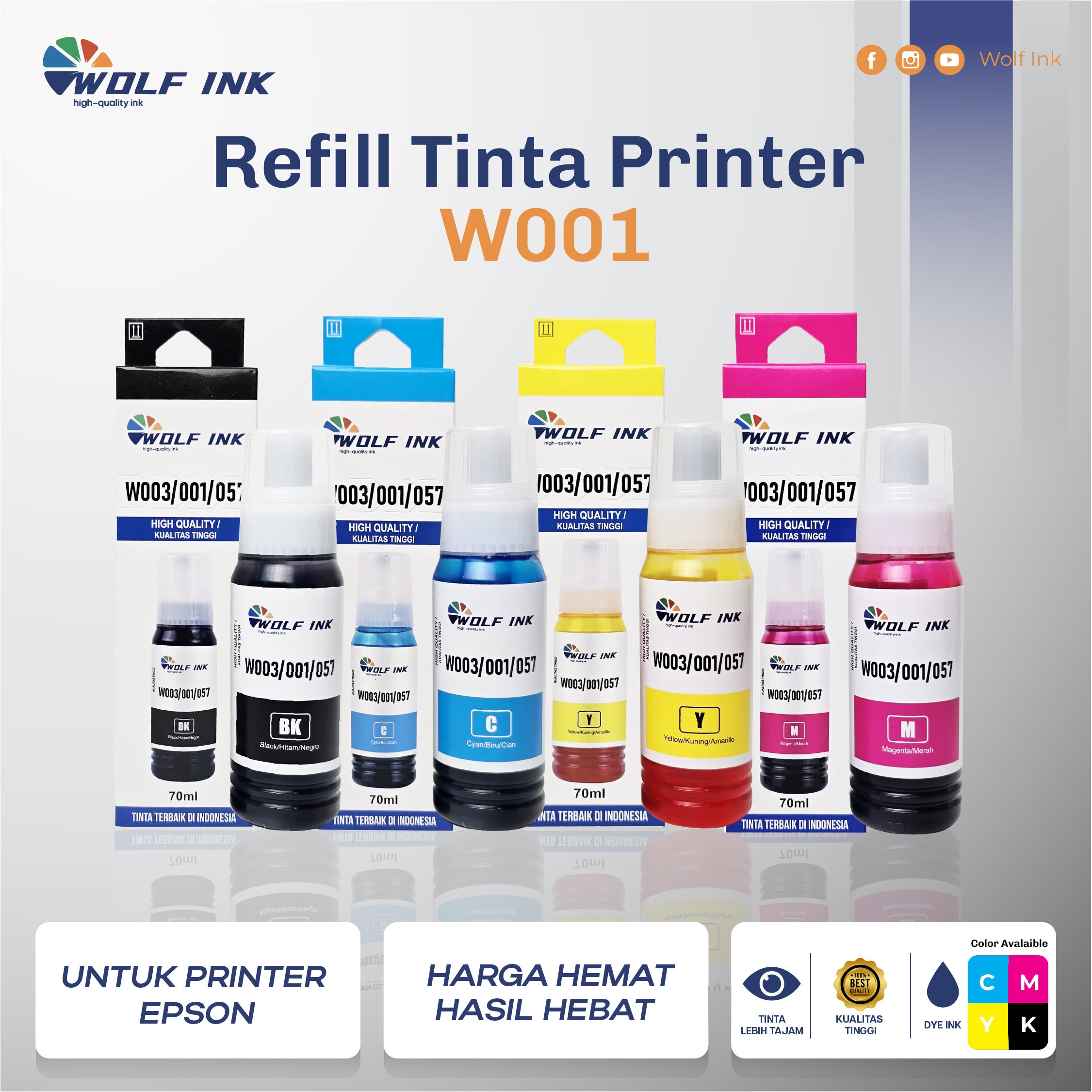 1 Set 4 Tinta Printer WOLF INK 003 Refill Compatible Printer Epson Warna Tajam Aman Buat Printer L1110 L1210 L1216 L1250 L1256 L3100 L3101 L3106 L3110 L3115
