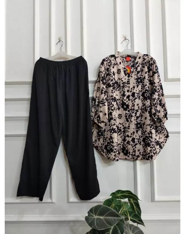 SETELAN WANITA BAHAN RAYON MOTIF TERABRU COMBINASI CELANA POLOS KEKINIAN / SET WANITA TERLARIS