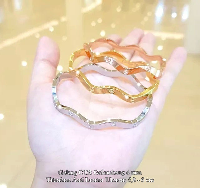Gelang Tangan Ctr Polos Gelombang/Zigzag Perhiasan Titanium Awet Dan Tidak Luntur