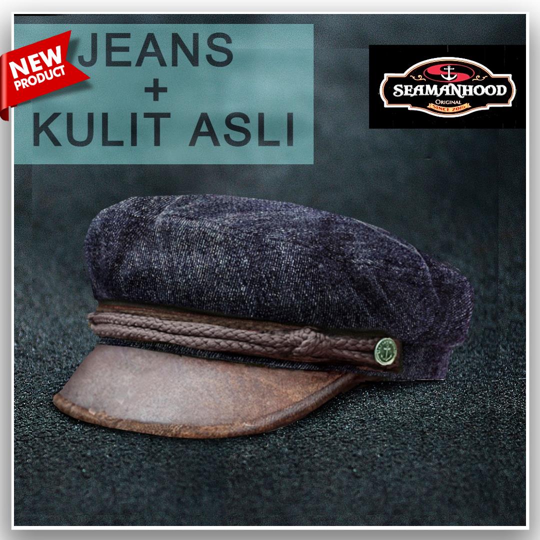 Premium Topi Sailor Fiddler Hat - Topi Kapten - Topi Pelaut Klasik Greek Fisherman - Sailor Cap Bahan JEANS Kombinasi Kulit