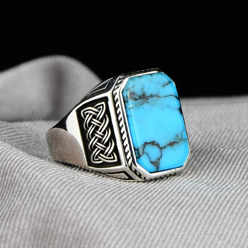 Cincin Pertunangan Pernikahan Perhiasan Fashion Punk Pria Baja Titanium Perak Pirus Totem Antik Rings