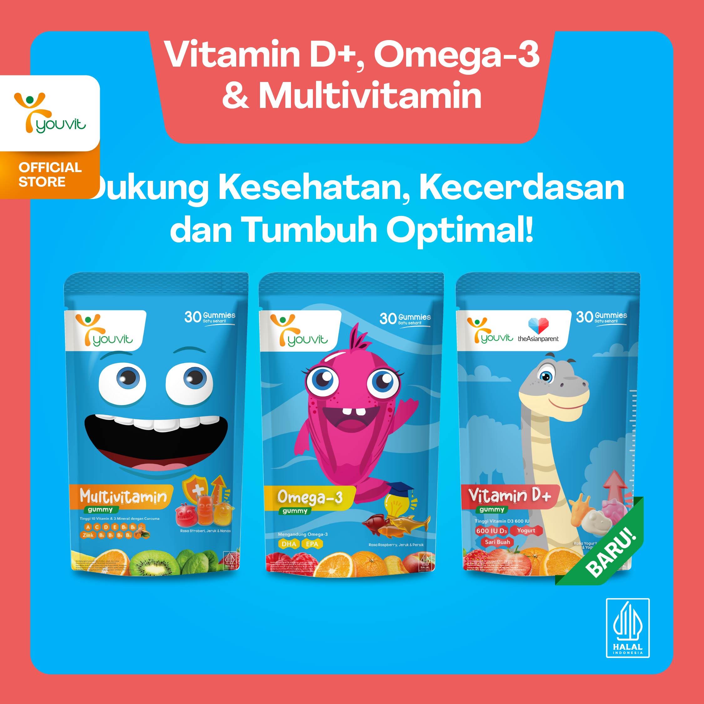 Youvit Kids Trio 30 Hari - Vitamin D3 Multivitamin Anak Omega 3 Anak dengan Vitamin D3 600 IU Ekstrak Yogurt dan Sari Buah untuk Pertumbuhan Tulang Kuat
