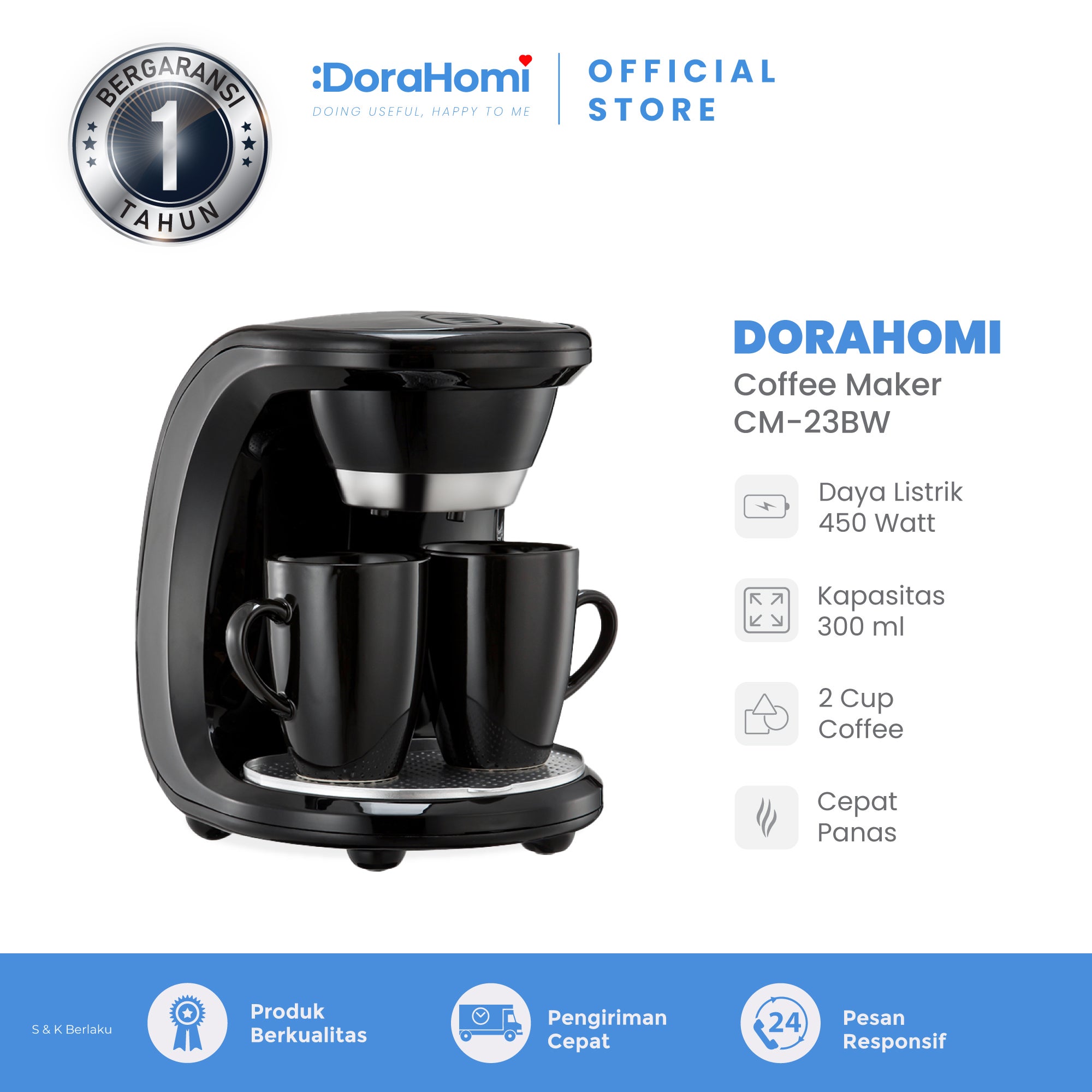 DoraHomi Coffee maker mesin pembuat kopi otomatis low watt 2 cangkir