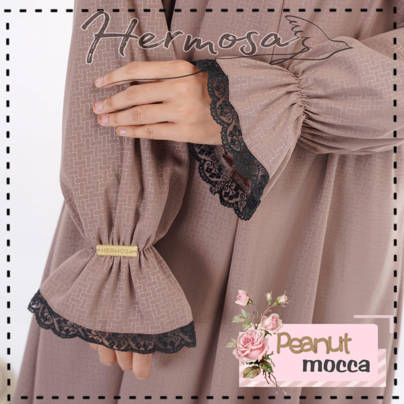 Abaya Hermosa motif Peanut warna mocca bahan wolfis embos-Abaya lebaran terbaru manset karet renda
