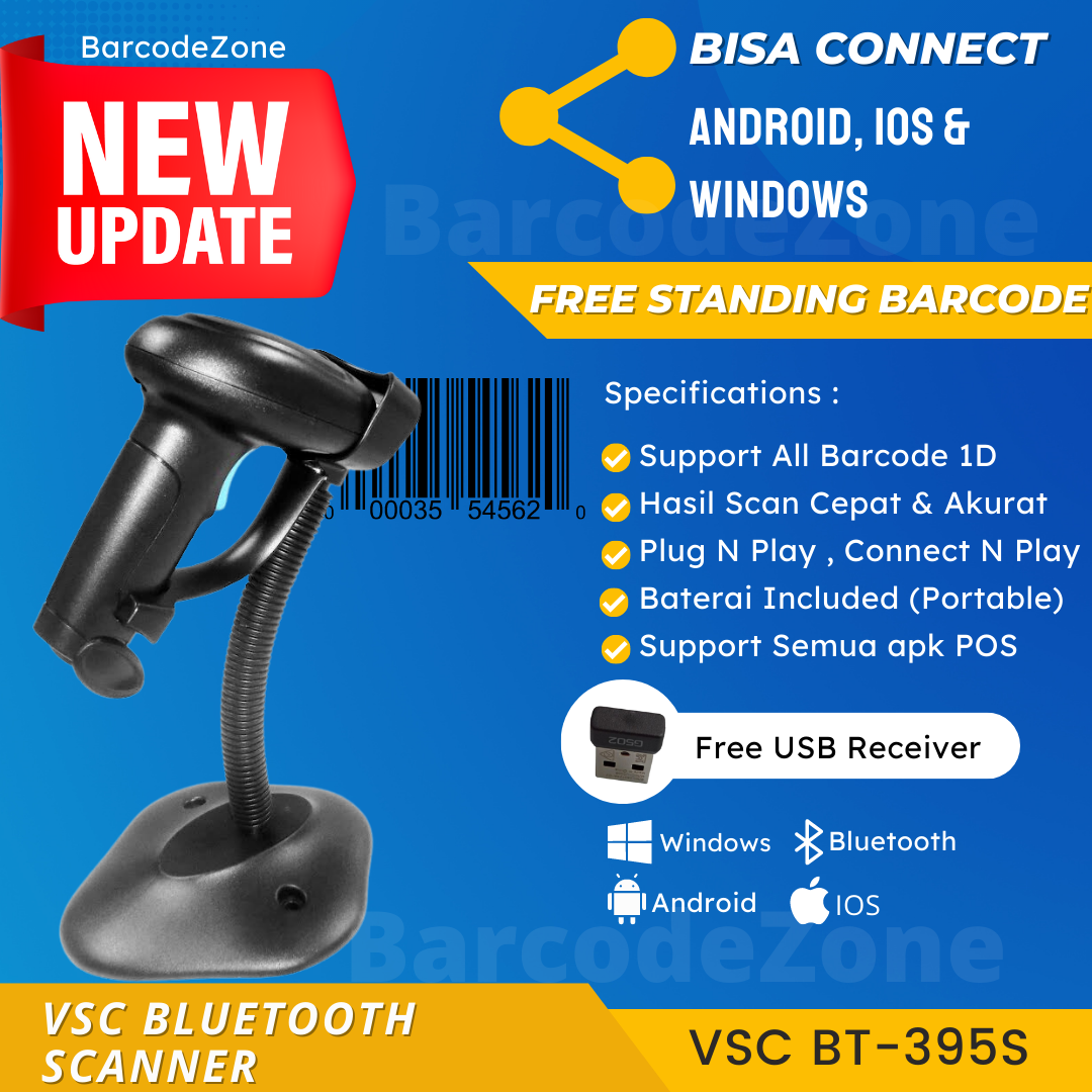 WIRELESS BLUETOOTH BARCODE SCANNER VSC BT-395S (AndroidIOS) +2.4G RECEIVER - LASER - MURAH