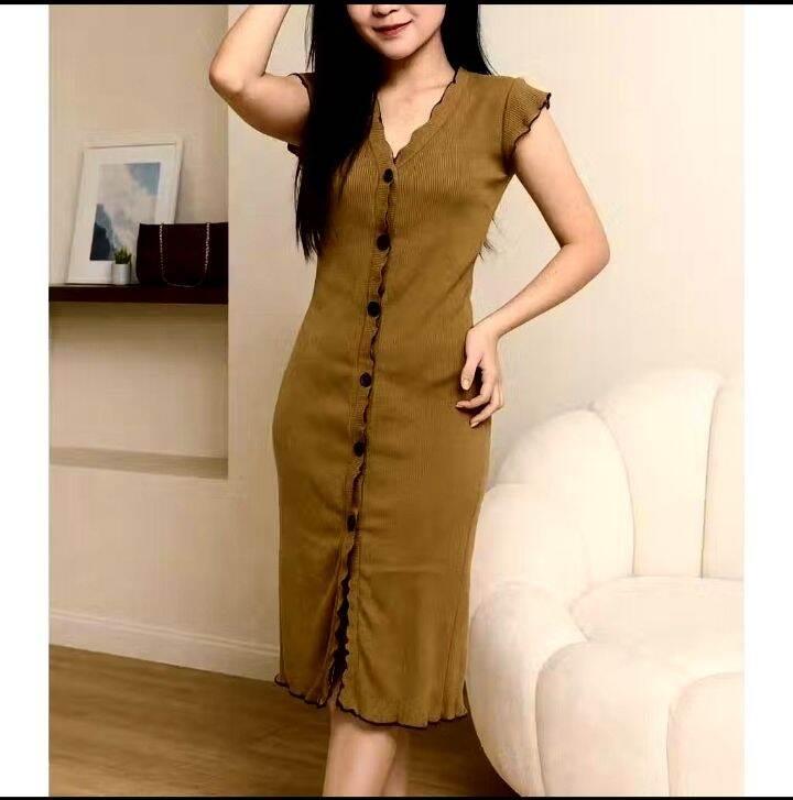AISAR DRESS wanita ribb knit elegant slim fit kancing busui frendly modis
