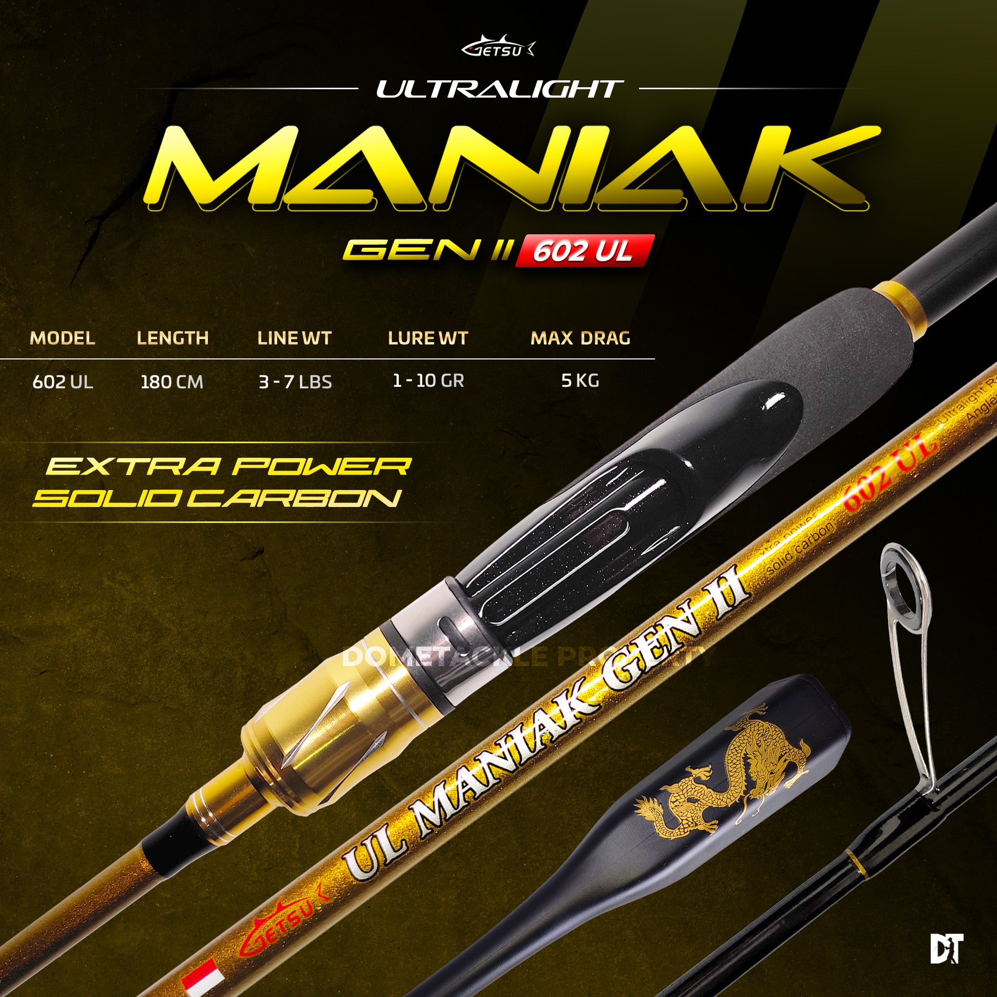 Getsun Joran Pancing Ultralight Spinning Solid Carbon 702mm 3mm MANIAK GEN II 602/662/702 JORAN UL