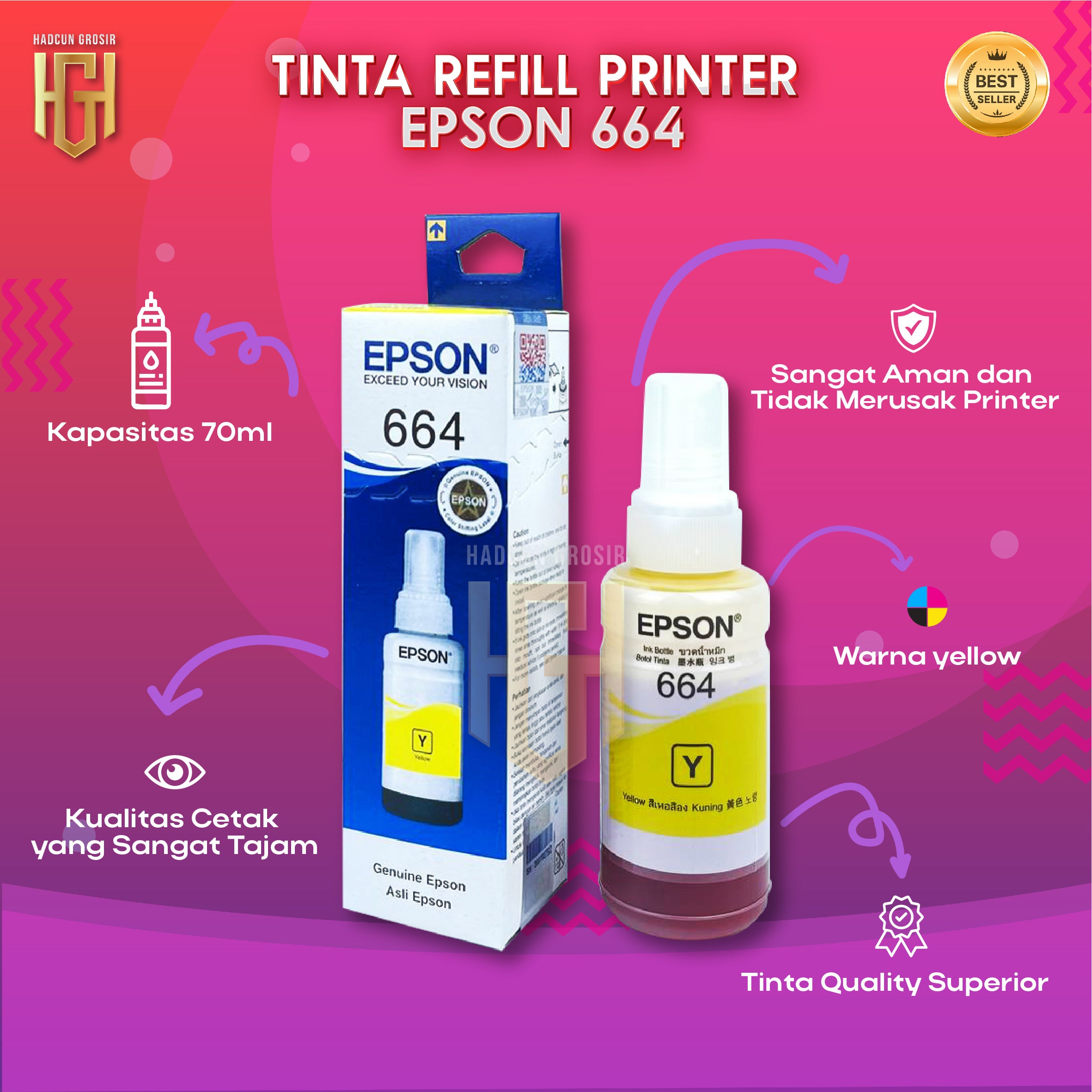 Tinta Epson 664 Refill Untuk Epson L100 L110 L120 L121 L130 L200 L210 L220 L300 L310 L350 L355 L360 L365 L385 L555 L565 L605 L1300 L1455