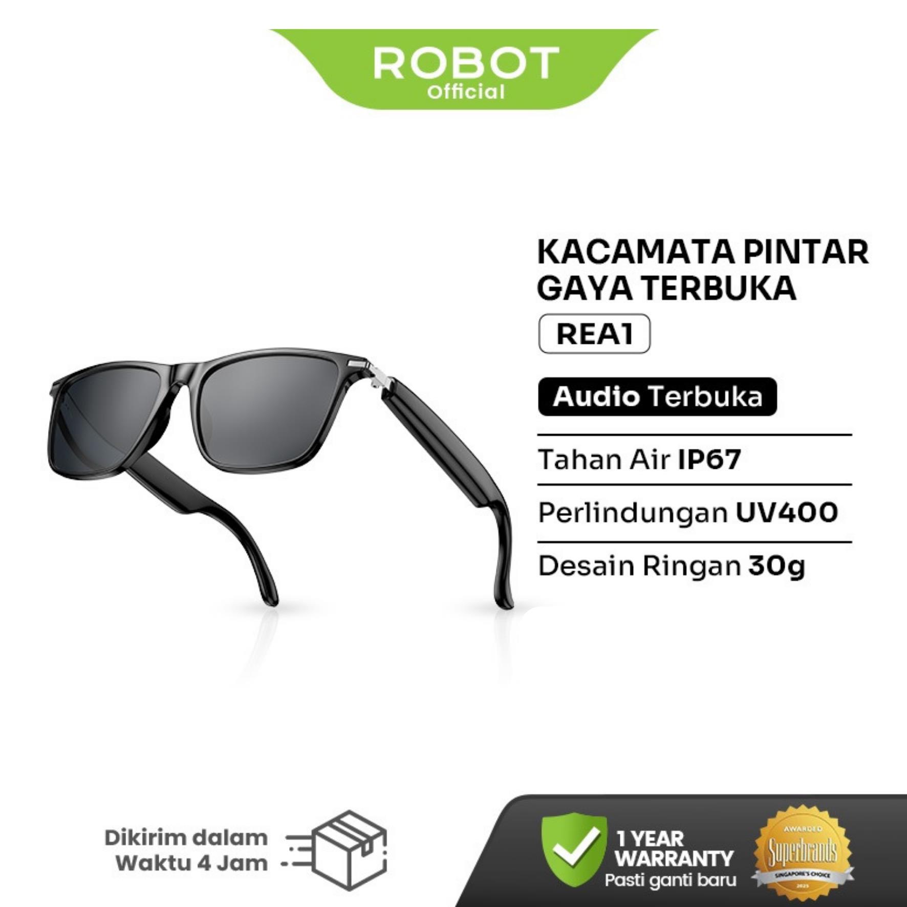 ROBOT Smart Audio Glasses Bluetooth Wireless Kacamata Pintar Open Ear Audio UV400 Protection IP67 Waterproof Voice Assistant Touch Control Baterai Tahan 10 Jam REA1