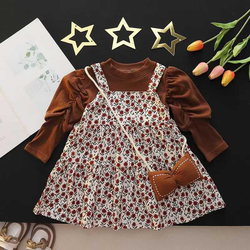 XBABY Dress Gaun Anak Perempuan Lengan Panjang Motif Bunga Bahan Katun Elegan Style Usia 1-4 Tahun