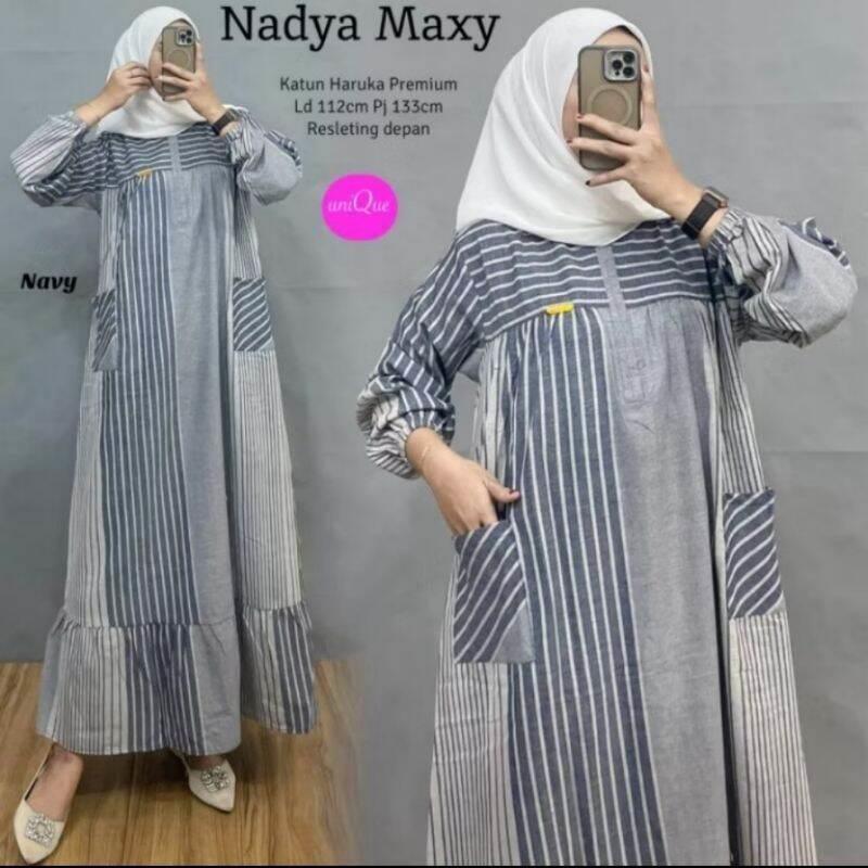 NADYA MAXY GAMIS MOTIF SALUR CANTIK BAHAN KATUN HARUKA ZIPPER DEPAN BUSUI