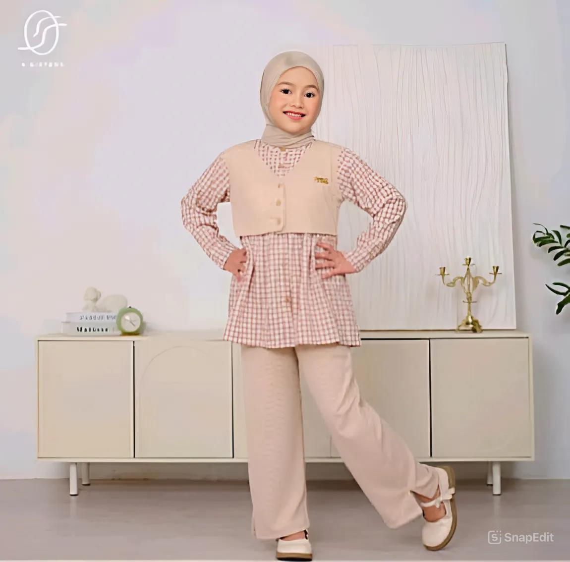 Helena set baju stelan anak perempuan terbaru bahan Knit mix salur kotak premium serta warna dan ukuran yang beragam
