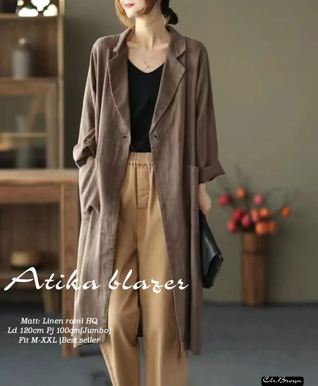 Blazer Wanita Atika Korea Style Long Blezer Oversize Jas Kerja Casual Lengan Panjang Bahan Linen