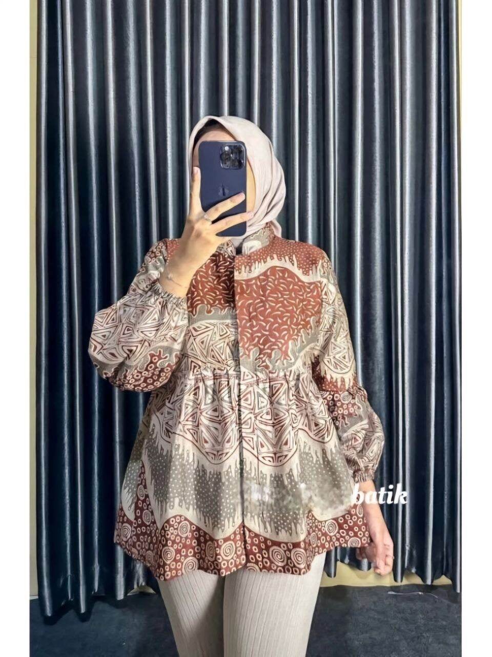 Blouse batik wanita lengan balon model peplum payung blus terbaru faeybtk
