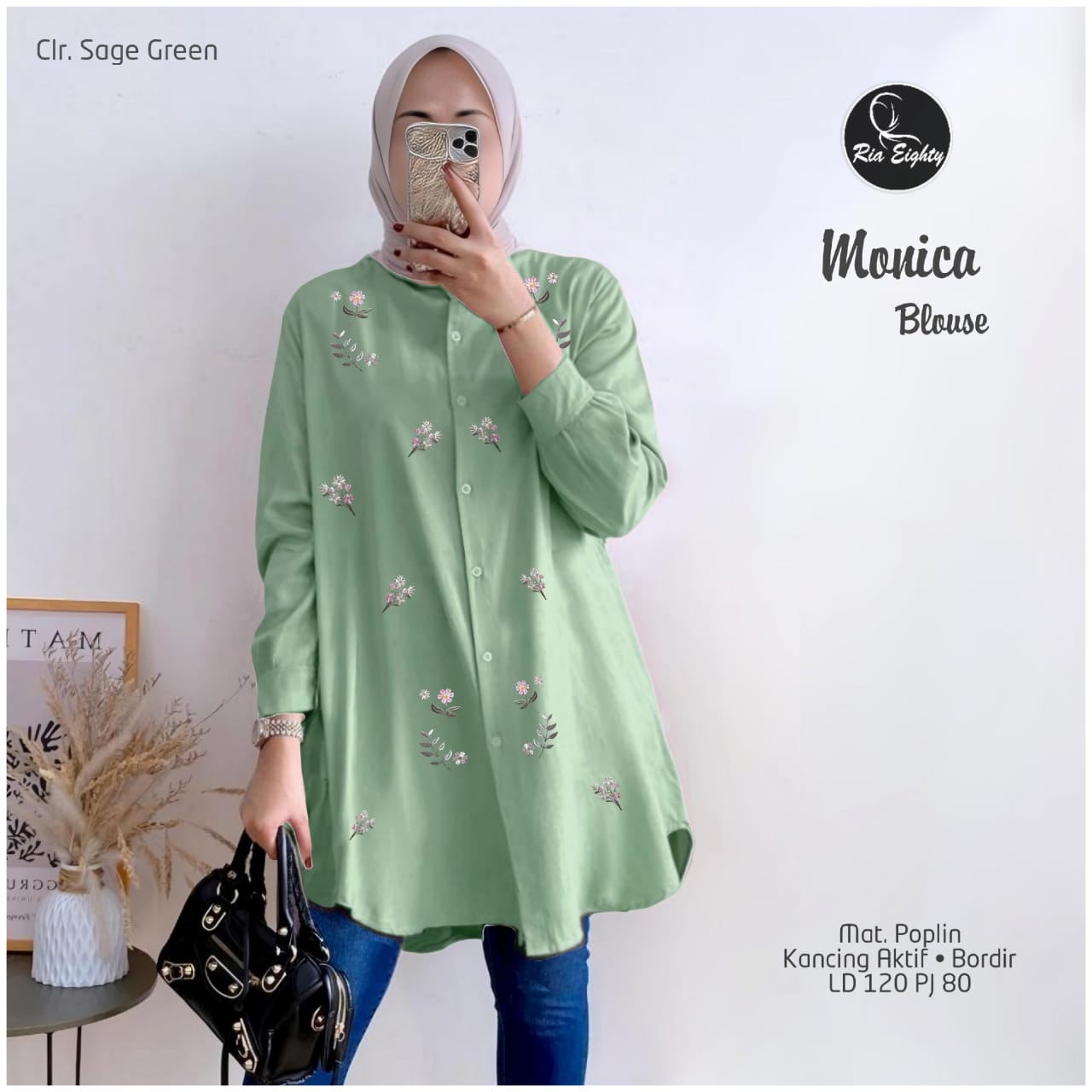 Monica blouse wanita oversize motif bordir lengan panjang