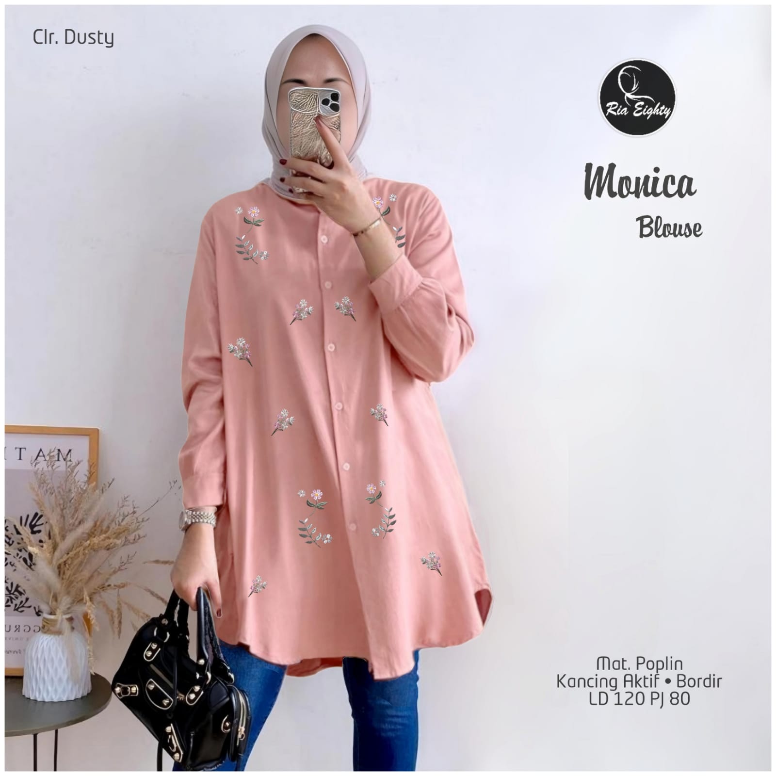 Monica blouse wanita oversize motif bordir lengan panjang