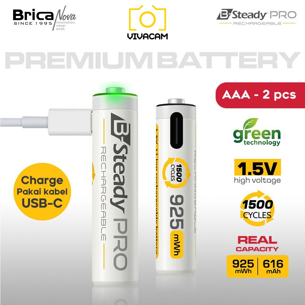Brica B-Steady PRO 1.5V AA x4 Li-Ion Rechargeable Battery - Free T-Shirt