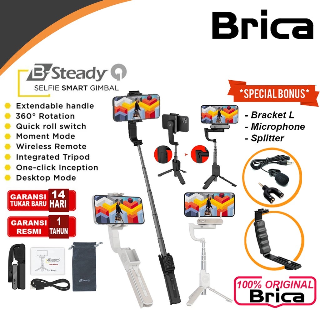 Brica B-Steady PRO 3-Axis Gimbal Hp Smartphone Stabilizer - BSTEADY PRO 2023 - MULTI - XS - 2P POCKET 2022 - NEW VERSION - BSTEADY Q