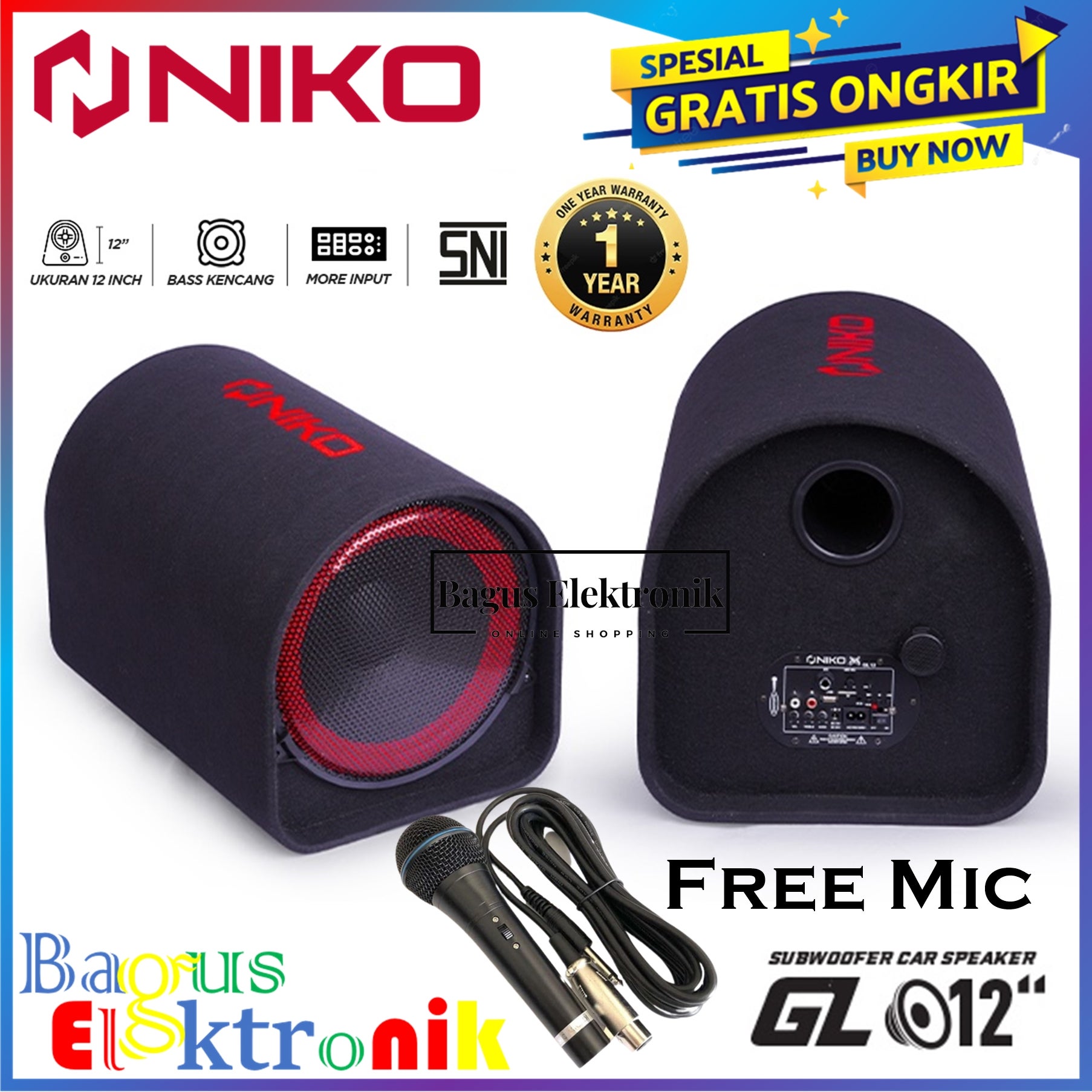 NIKO GL12 Subwoofer Car Speaker 12" Karaoke Bluetooth Usb Sdcard AUX - Dual Power GL 12 Subwoofer Bluetooth Bluetooth Usb Sdcard AUX