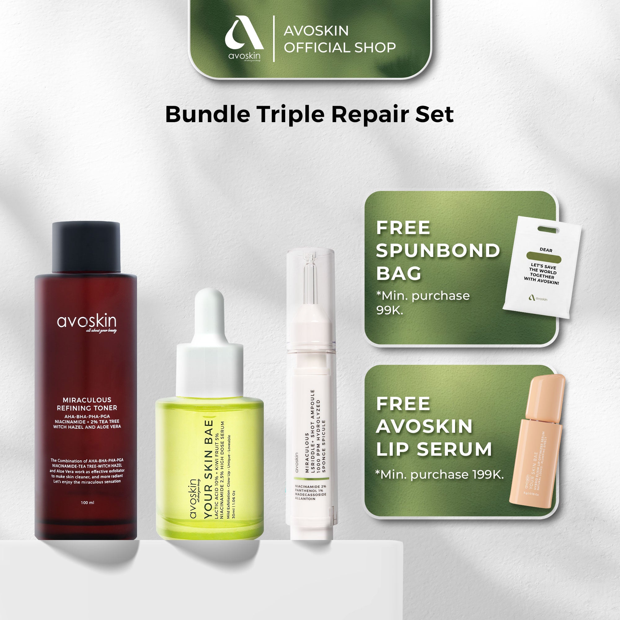 Bundle Triple Repair Set (Refining Toner 100ml+YSB Lactic Acid Serum+LSRiddle 1000 PPM)