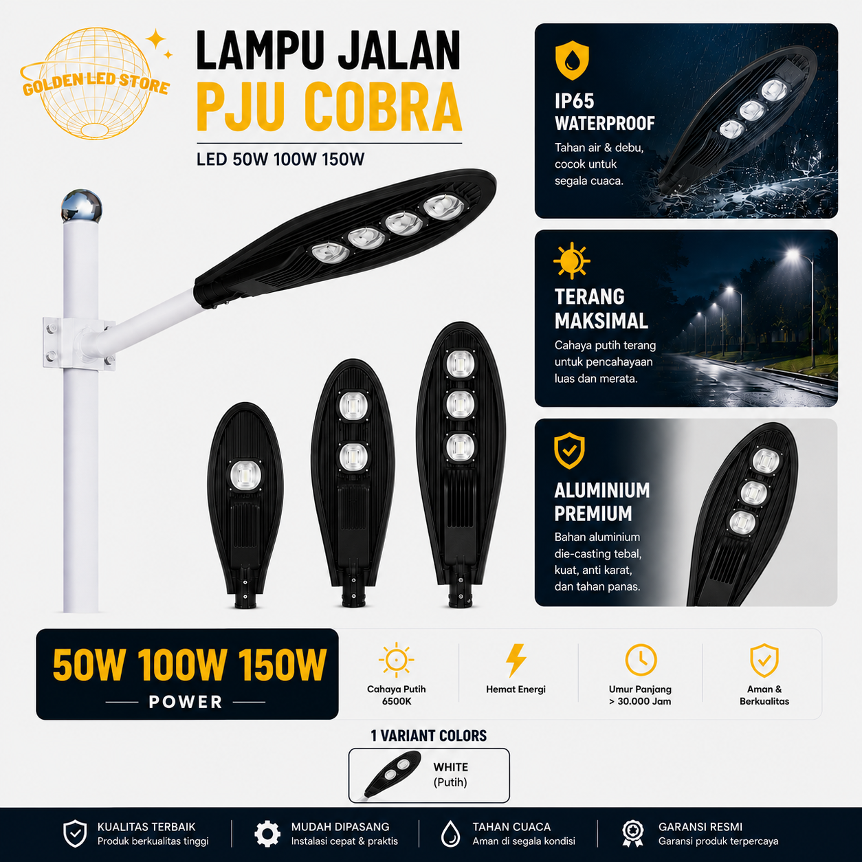 GLS - Lampu LED PJU Cobra Outdoor IP65 Anti Air 50W 100W 150W High Brightness