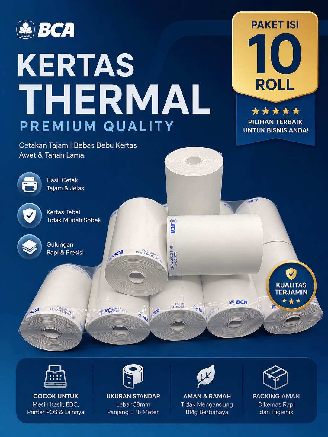 Kertas printer Thermal bca 57x40mm paket 10 roll