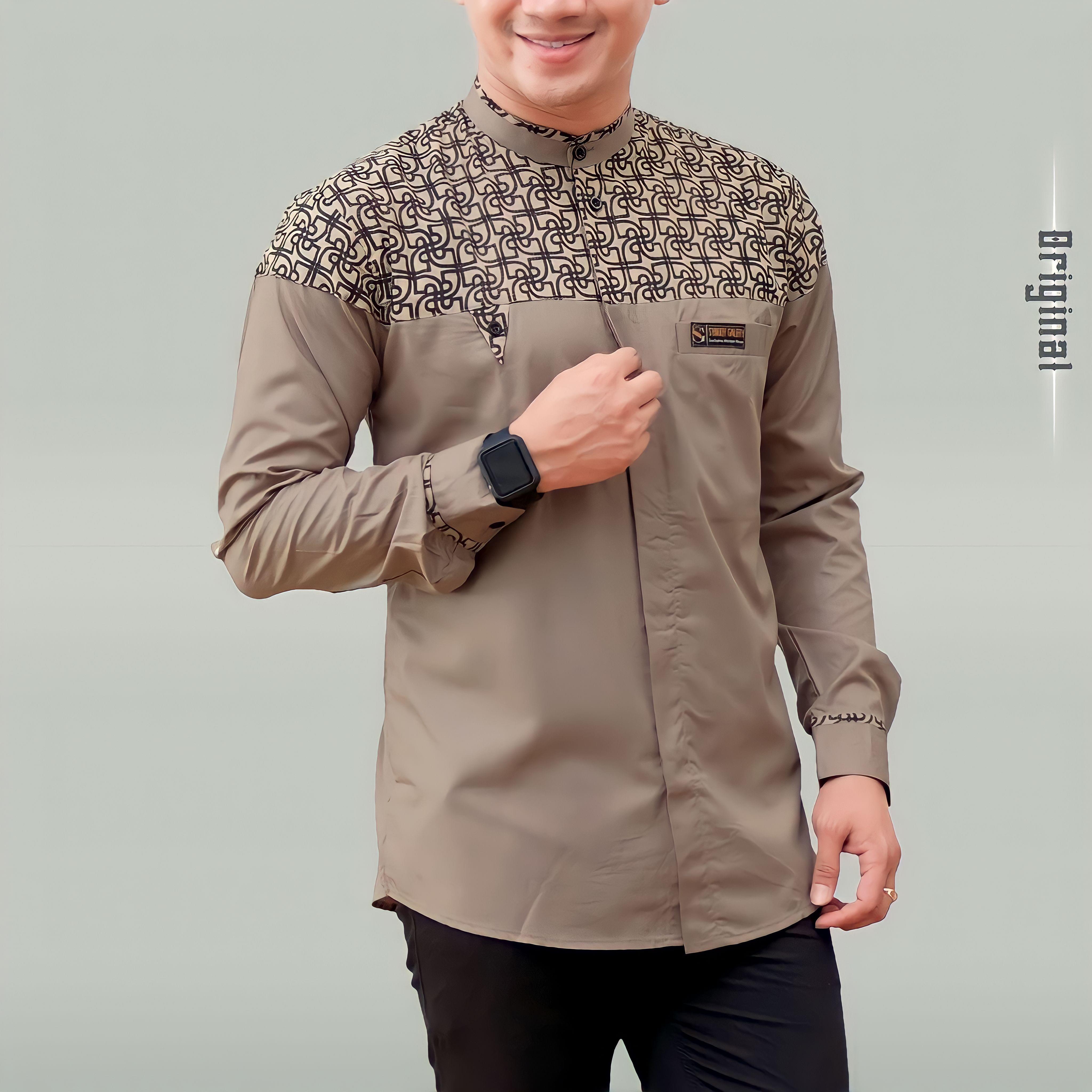 Baju Koko Pria Lengan Panjang Kombinasi Batik Klasik Motif Bima Warna Cokelat Bahan Katun Toyobo Premium