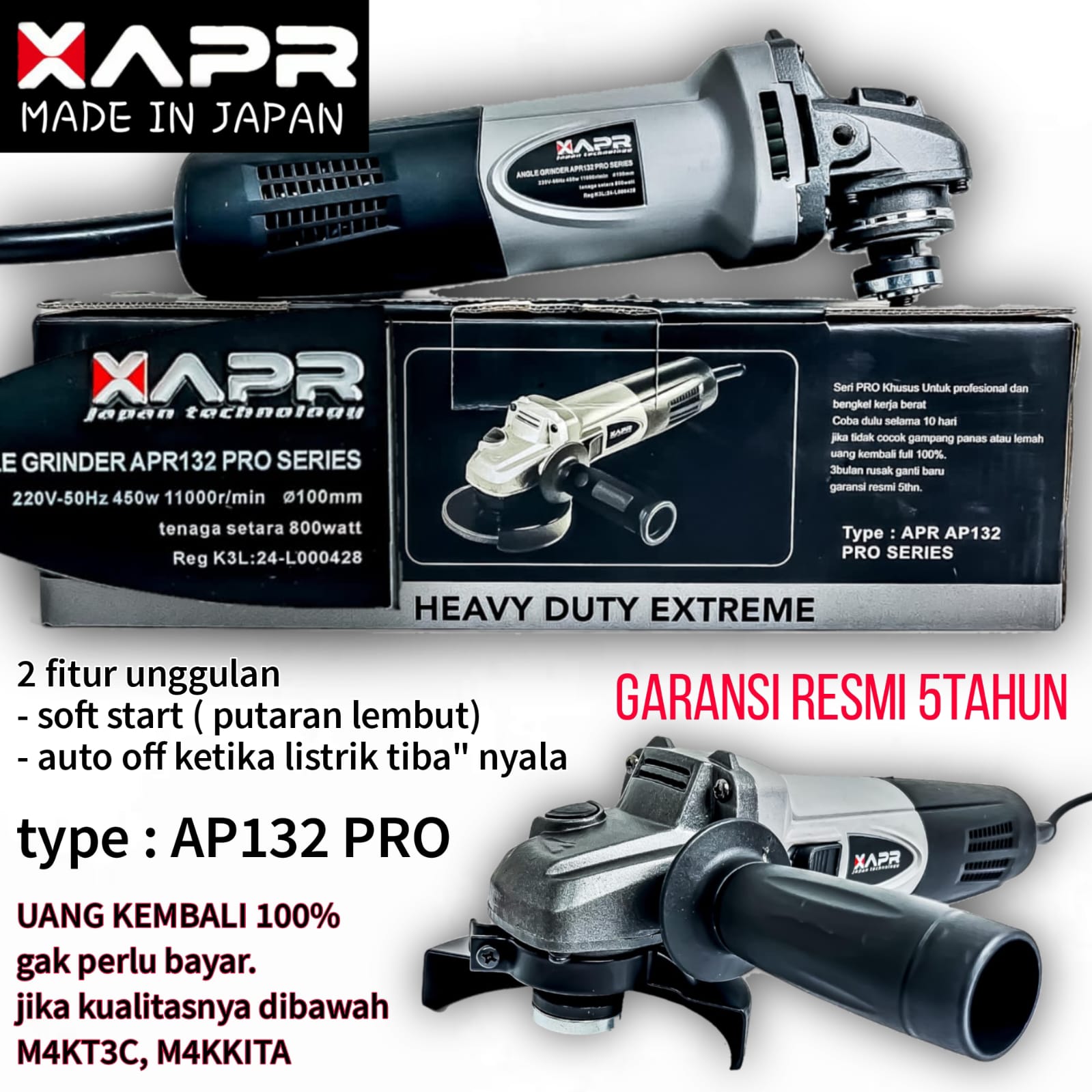APR GERINDA TYPE AP132 PRO GARANSI RESMI 5THN KUALITAS DIATAS M4KITA ANGLE GRINDER MESIN GERINDA 4INCH