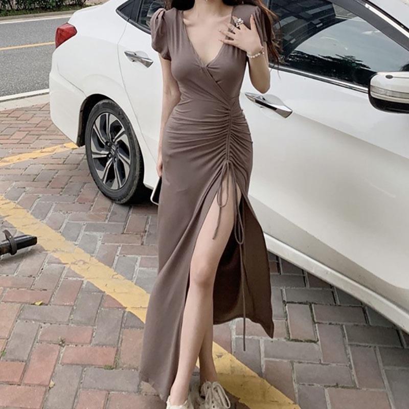 Yoohui QZ074 Longdress Rib Serut Korean Long dress/terusan panjang/Dress Bodycon Maxi Dress Korea Dress/dress kasual polos casual dress serut viral /dress belah samping rayon premium / dress belah paha Short Sleeves Women Dress Midi Lengan Pendek