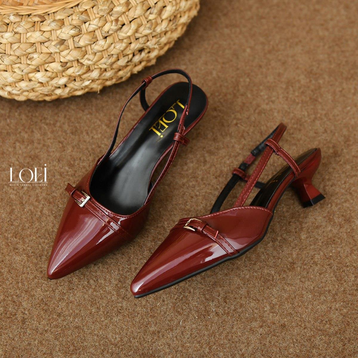 LOEI Shiny Sepatu Slingback Pointy Terbaru Glossy Mewah A08