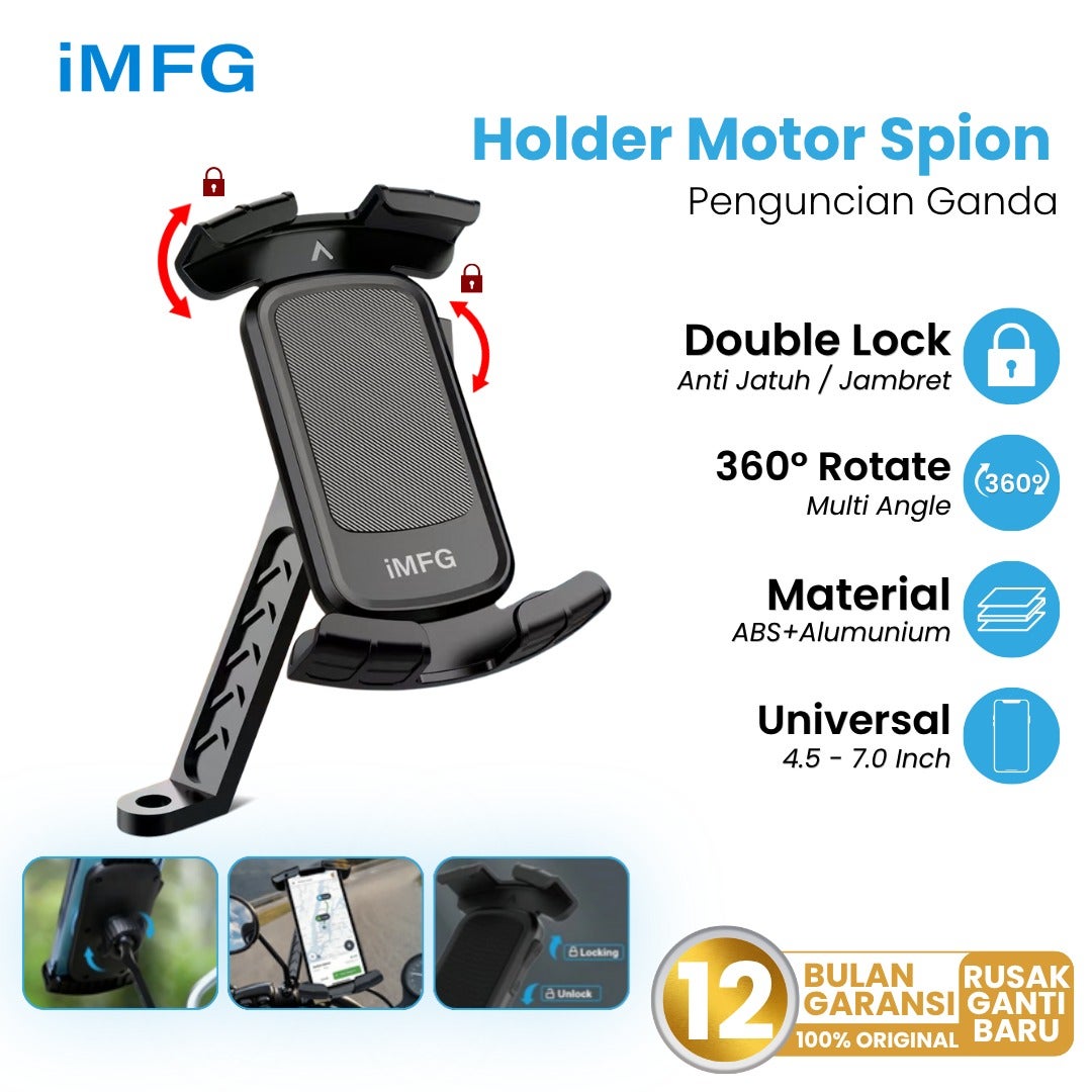 iMFG i-MP05 Motorcycle Rearview Mirror Phone Holder with 4 Arm Clamp Anti Shake & Drop Proof Grip 360° Rotatable for Stable Riding