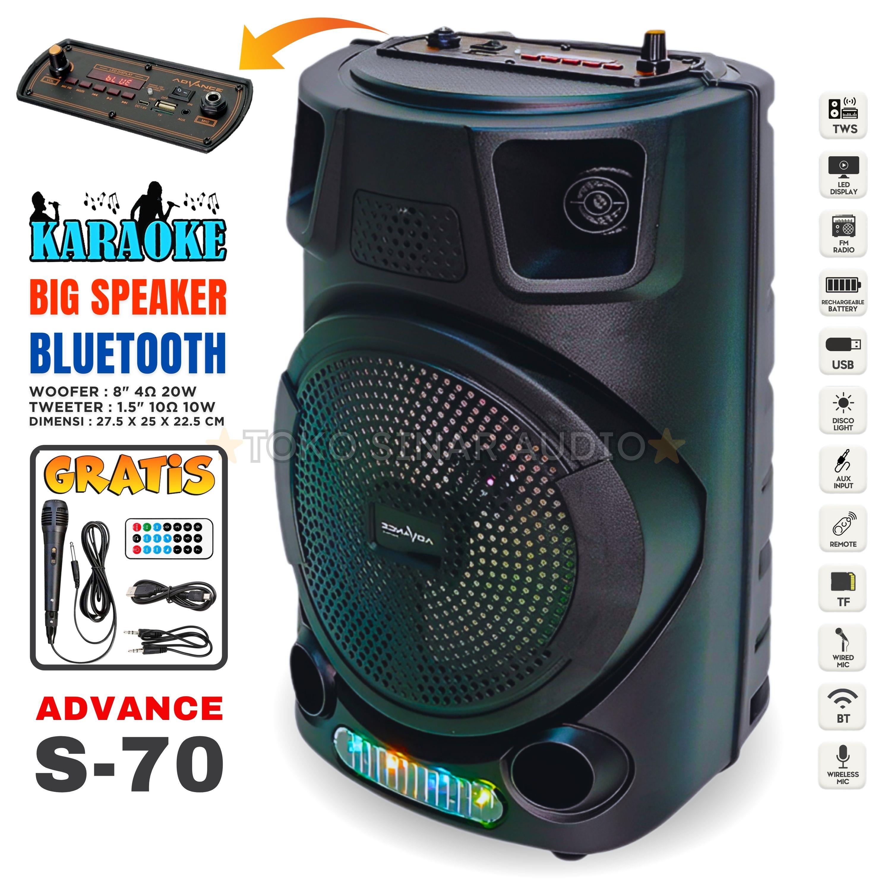 Salon Bluetooth Full Bass ADVANCE S-70 FREE MIC Karaoke Speaker Bluetooth Full Bass Subwoofer 8 inch Speaker Aktif Super Bass Subwoofer Full Bass