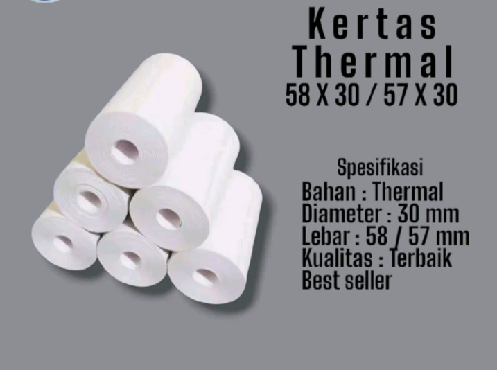 Kertas Thermal Murah 58x30 Paket 10 Roll Kertas Thermal Diameter 30 mm Lebar 58 / 57 mm Kualitas Terbaik Best Seller.