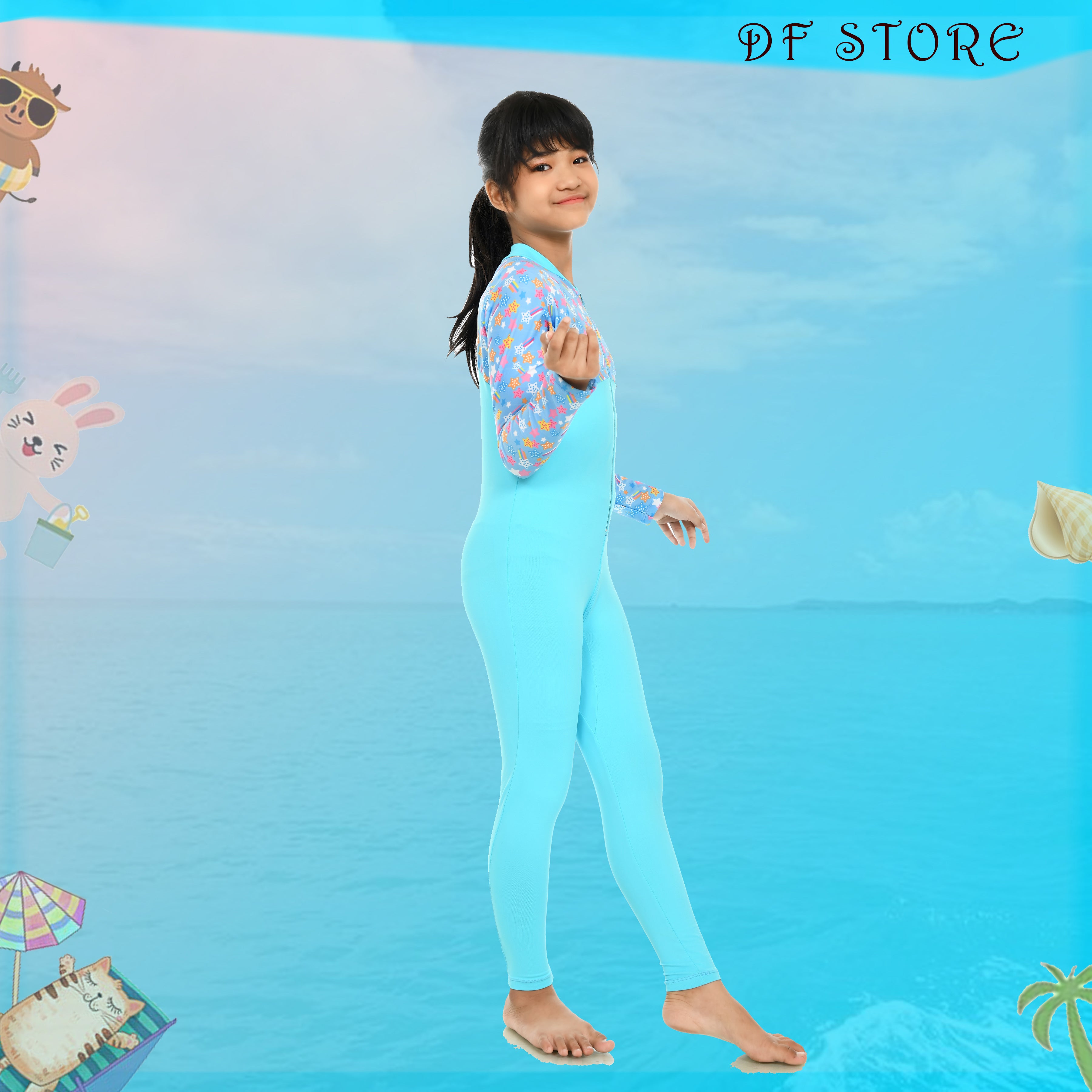 DARFIT Baju Renang Anak Perempuan Diving Selam panjang Anak SD Tanggung Motif Usia 7-14 Tahun