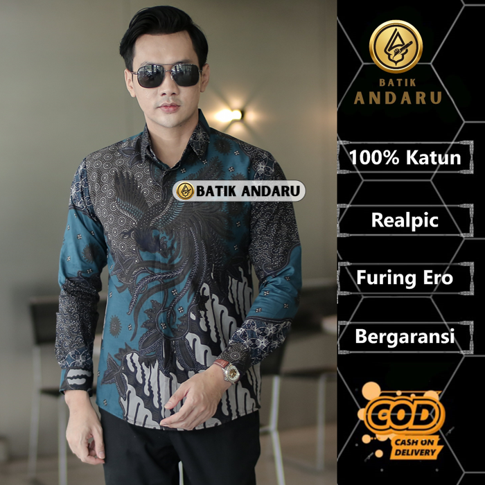 Batik Andaru Motif Gentala Baju Kemeja Batik Pria Laki Laki Cowok Dewasa Slim Fit Lengan Panjang Modern Elegant Heem Katun Premium Lapis Furing Erro Warna Biru Emirald Blue