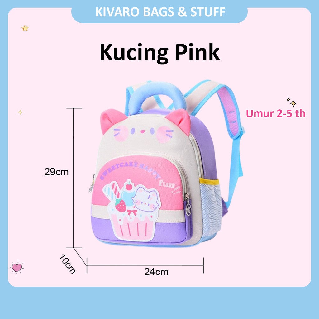 Tas Kucing Anak TK Perempuan Warna Cerah Umur 3-5 Tahun Ukuran 29cm PAUD | 626 Kivaro