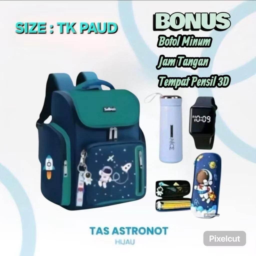 Tas Ransel 4in1 Astronot Ransel Anak Sekolah Laki Laki PAUD TK SD Free Botol Minum+Jam LED+Tempat Pensil 3D