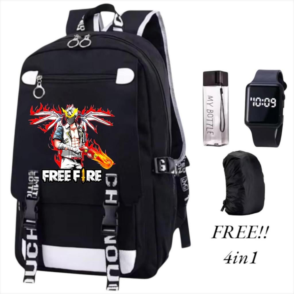 Tas Ransel Anak Karakter Anime Free Fire Waterproof dengan Aksesoris Gratis