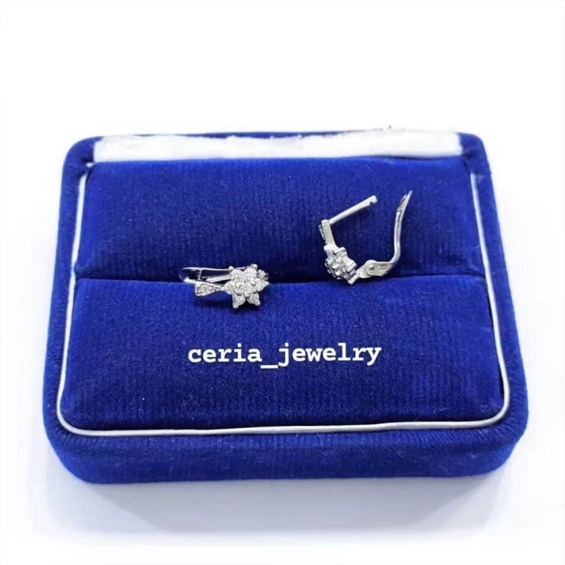 Anting Perak Asli Silver Wanita Dewasa 925 Lapis Emas Putih Model Bunga Pertama - Perak Asli 925 Anti Karat