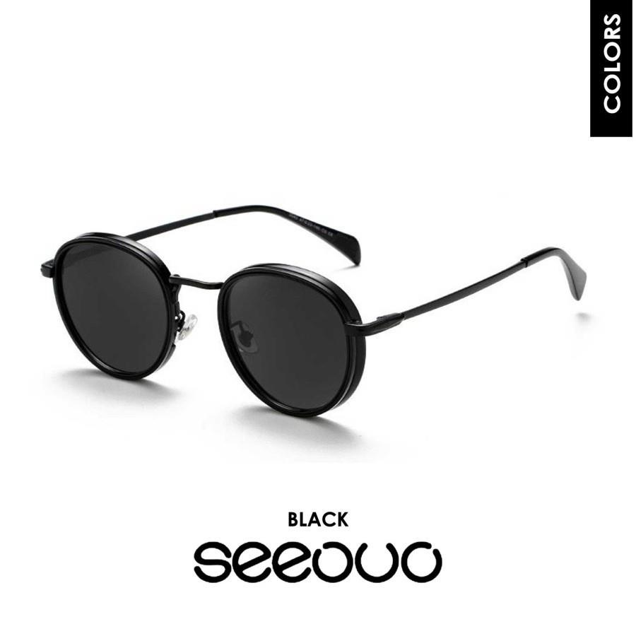 Seeouo Sunglasses Anti UV 400 Protection Lens Style Retro Bulat Bahan Metal Vintage Anti Silau Kacamata Hitam Pria Wanita 3409