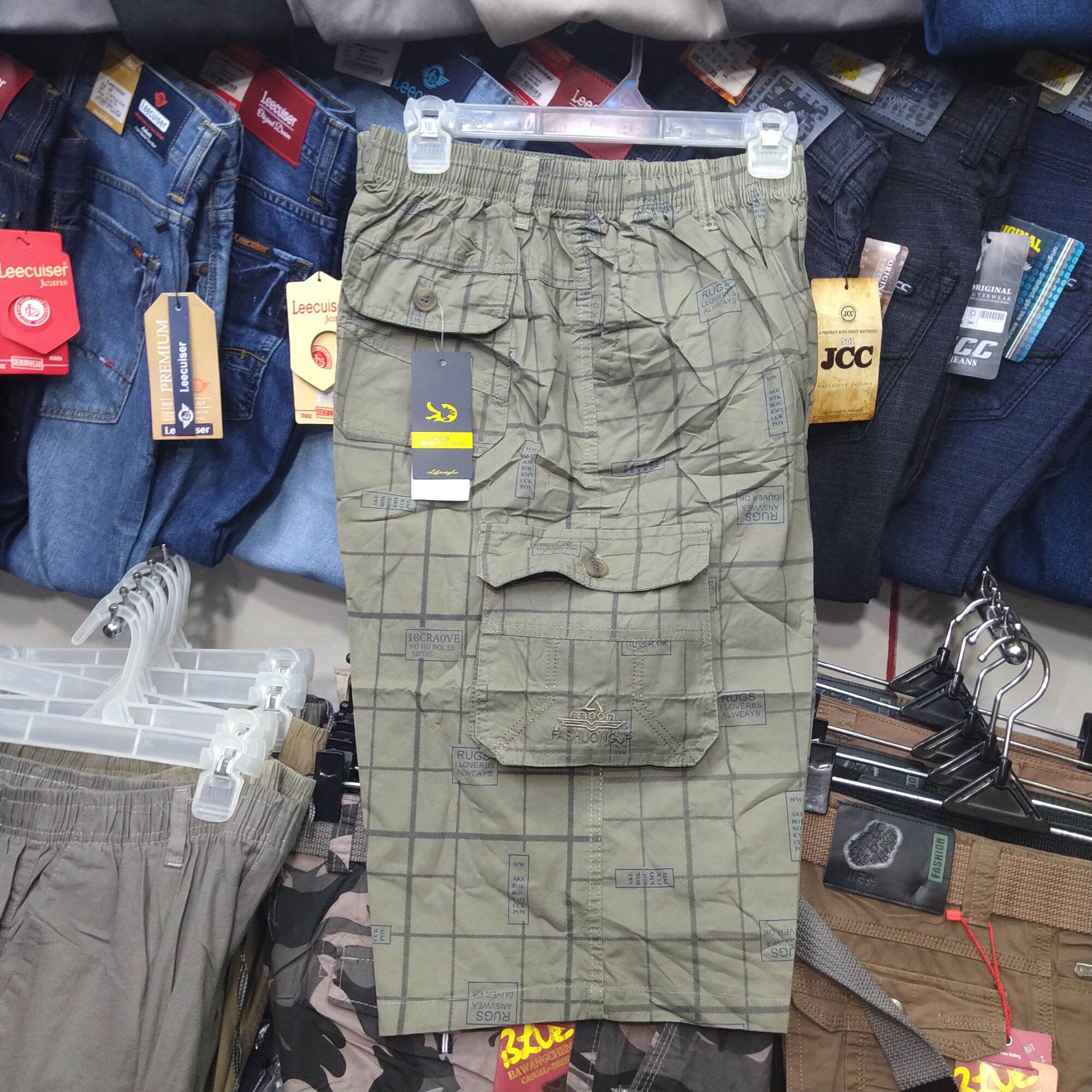 CELANA PENDEK 7/8 KATUN WASH IMPORT MOTIF KOTAK PINGGANG KARET KANTONG CARGO BANYAK