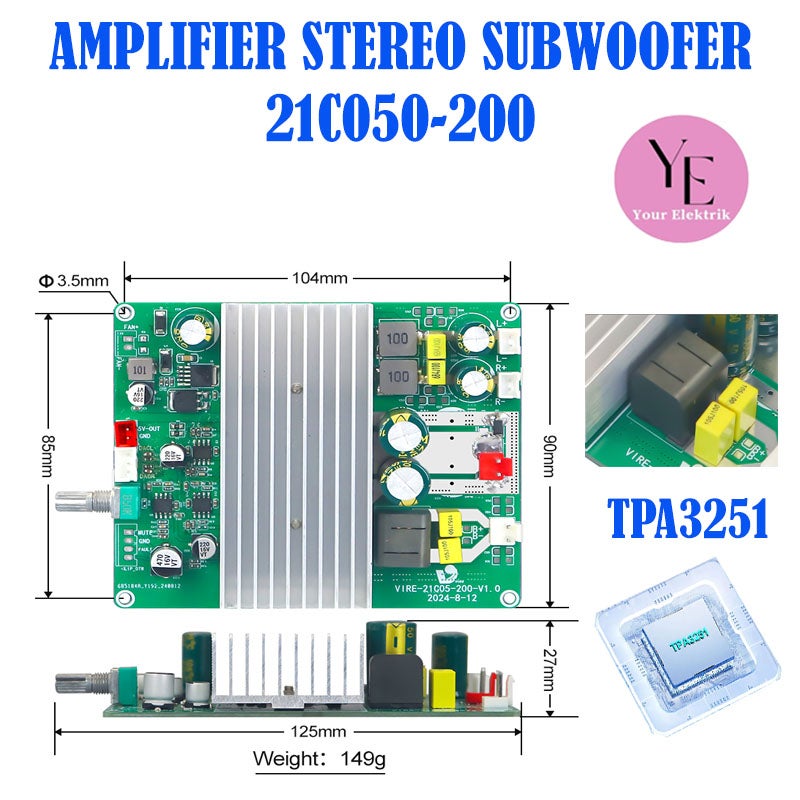 Amplifier Stereo Subwoofer 21C050-200 TPA3251 Power Class D 2.1 Channel 200W+100W+100W